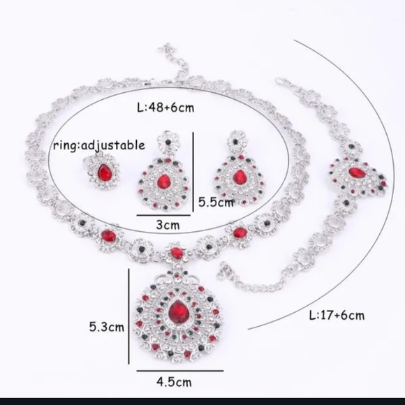 NWT Beautiful Silver W Red & Green Sparkling Stones Statement 4 Pc Jewelry Set! - Picture 8 of 12